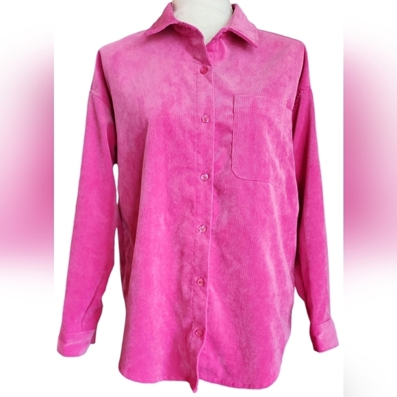 No Comment Pink Corduroy Button Down Shirt Women's Size Small - Picture 1 of 12